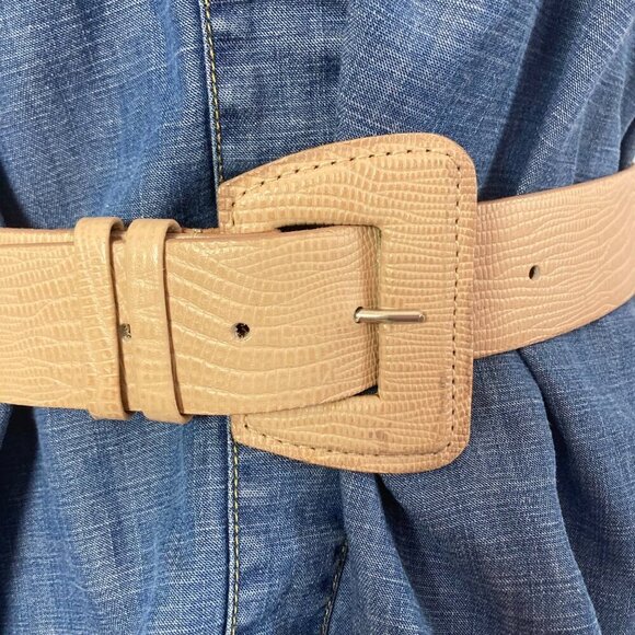 Vintage Ritz Belt Beige Texterured Leather Womens Small Medium Big Buckle - Picture 2 of 7